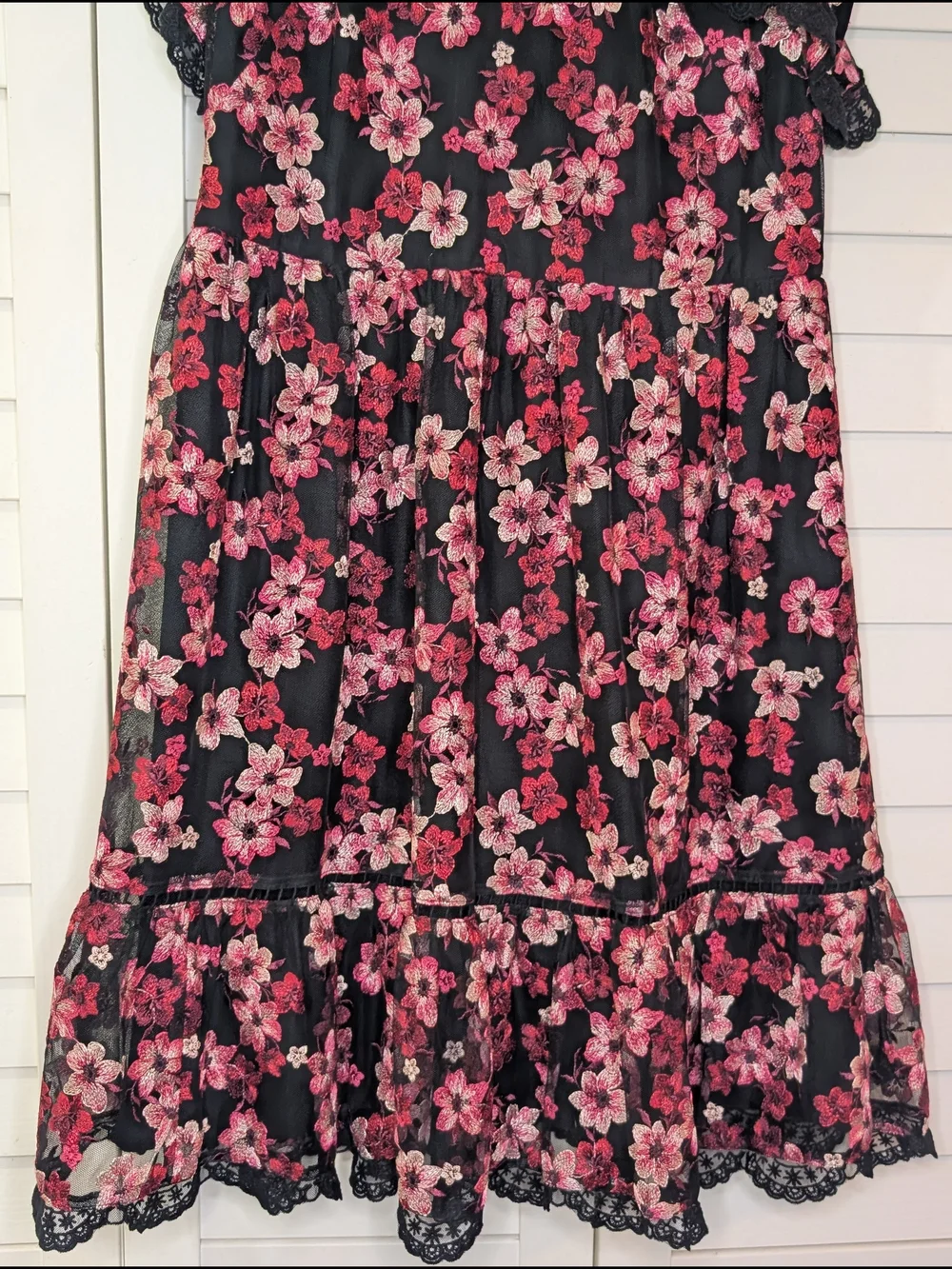 Kate Spade Black and Pink Floral Embroidered Tulle Flutter Sleeve Mini Dress
